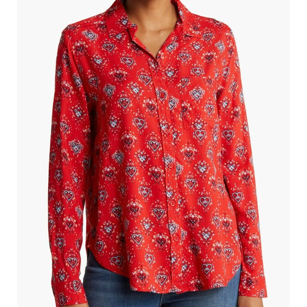 beachlunchlounge Red Heart‎ Patterned Ashley Long Sleeve Button Up, Size S
